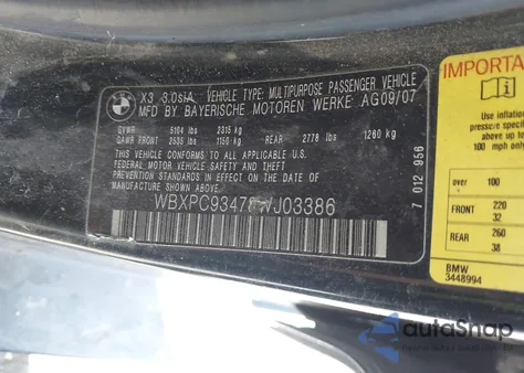 2008 BMW X3 3.0Si из США, поврежденный, VIN WBXPC93478WJ03386